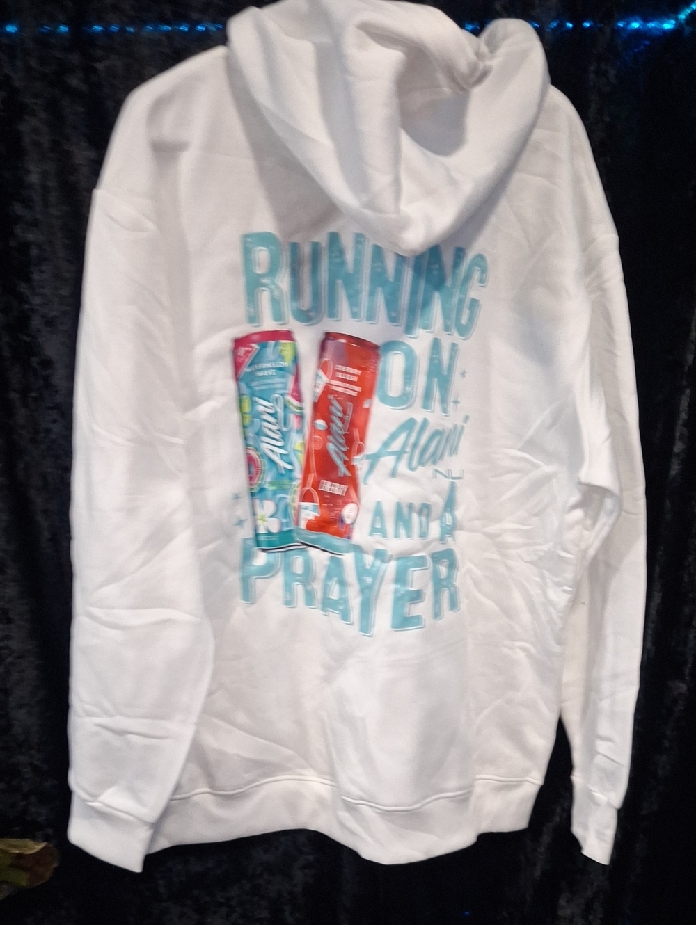 White Hoodie with Turquoise Script and Colorful Can Graphics